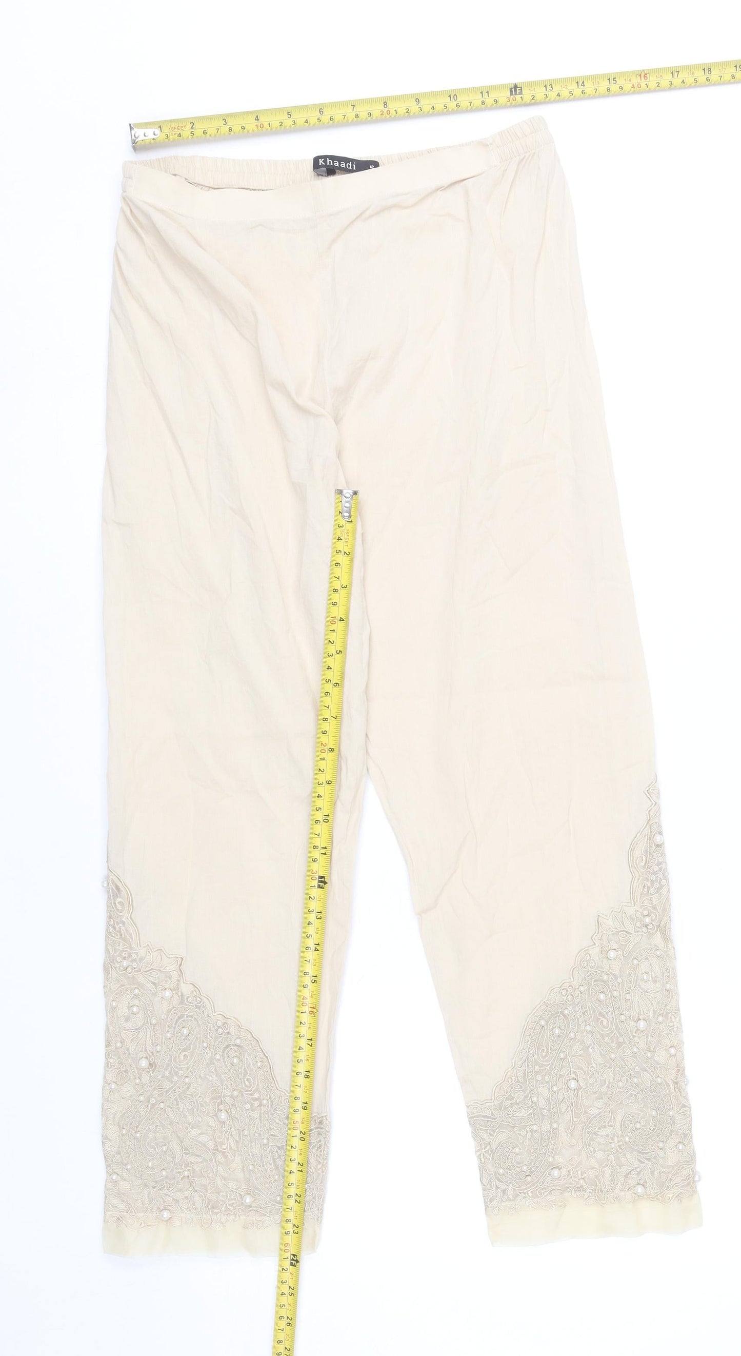 Khaadi Womens Beige Embroidered Cotton Trousers Size 12