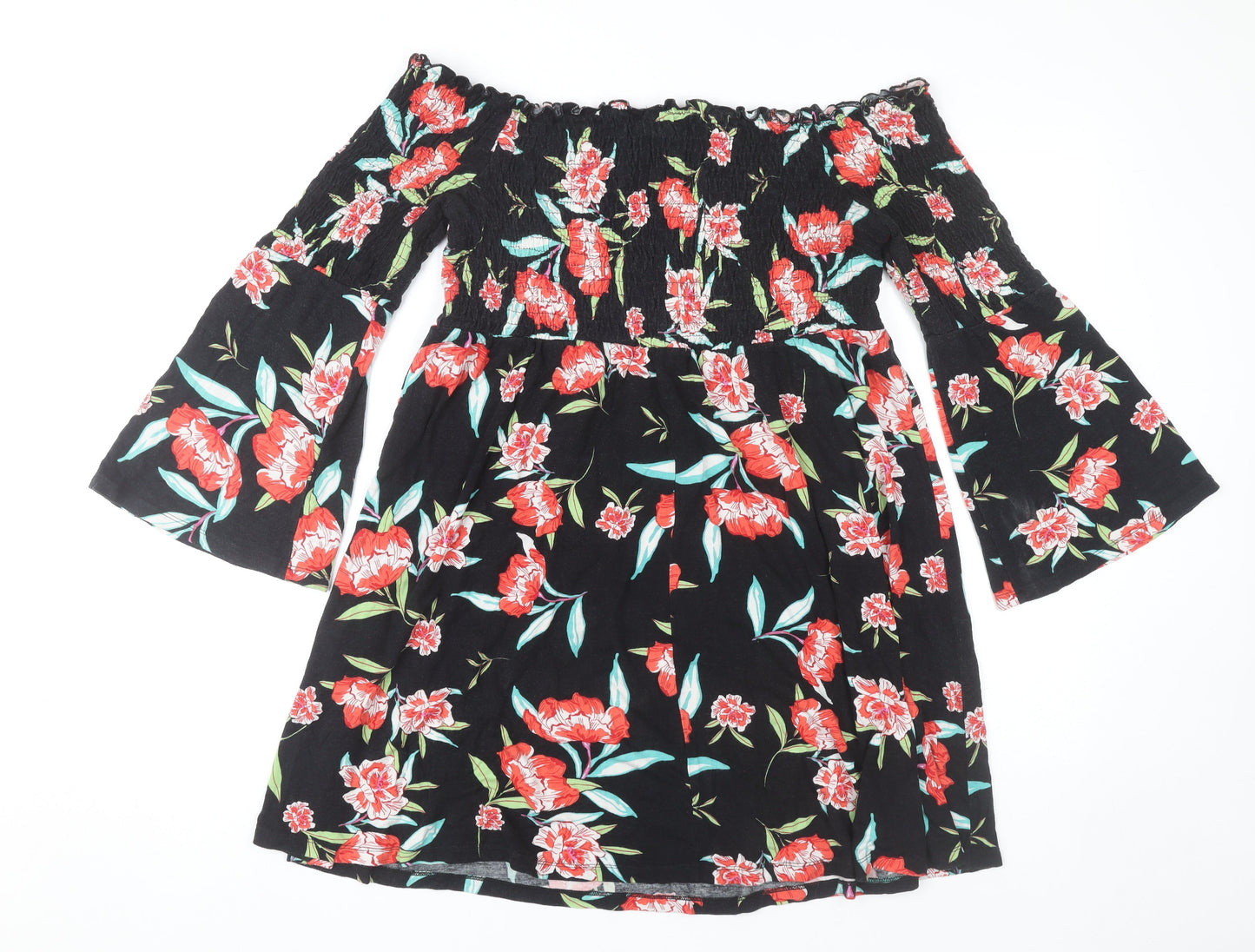 ASOS Womens Black Floral Off Shoulder Skater Dress Size 16