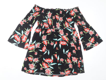 ASOS Womens Black Floral Off Shoulder Skater Dress Size 16