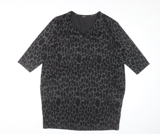 Roman Women’s Black Animal Print Shift Dress Size 16 V-Neck
