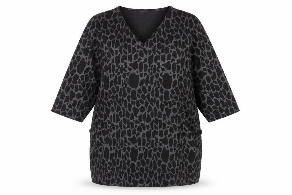 Front view of Roman Women’s Black Animal Print Shift Dress, size UK 16, V-Neck