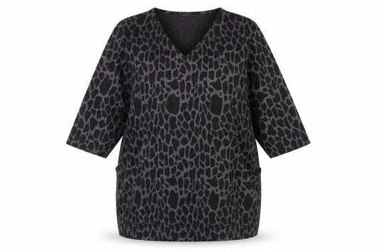 Front view of Roman Women’s Black Animal Print Shift Dress, size UK 16, V-Neck