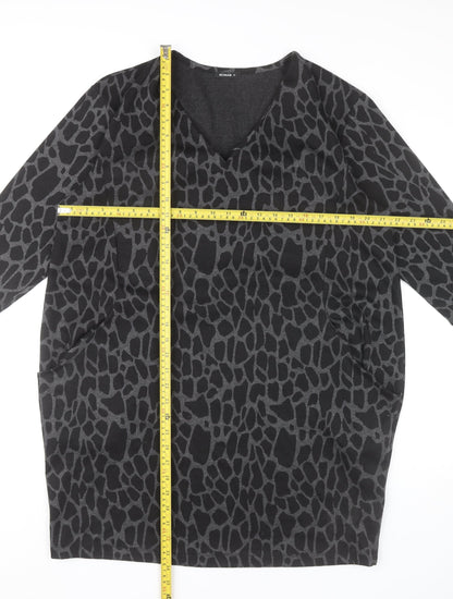 Roman Women’s Black Animal Print Shift Dress Size 16 V-Neck