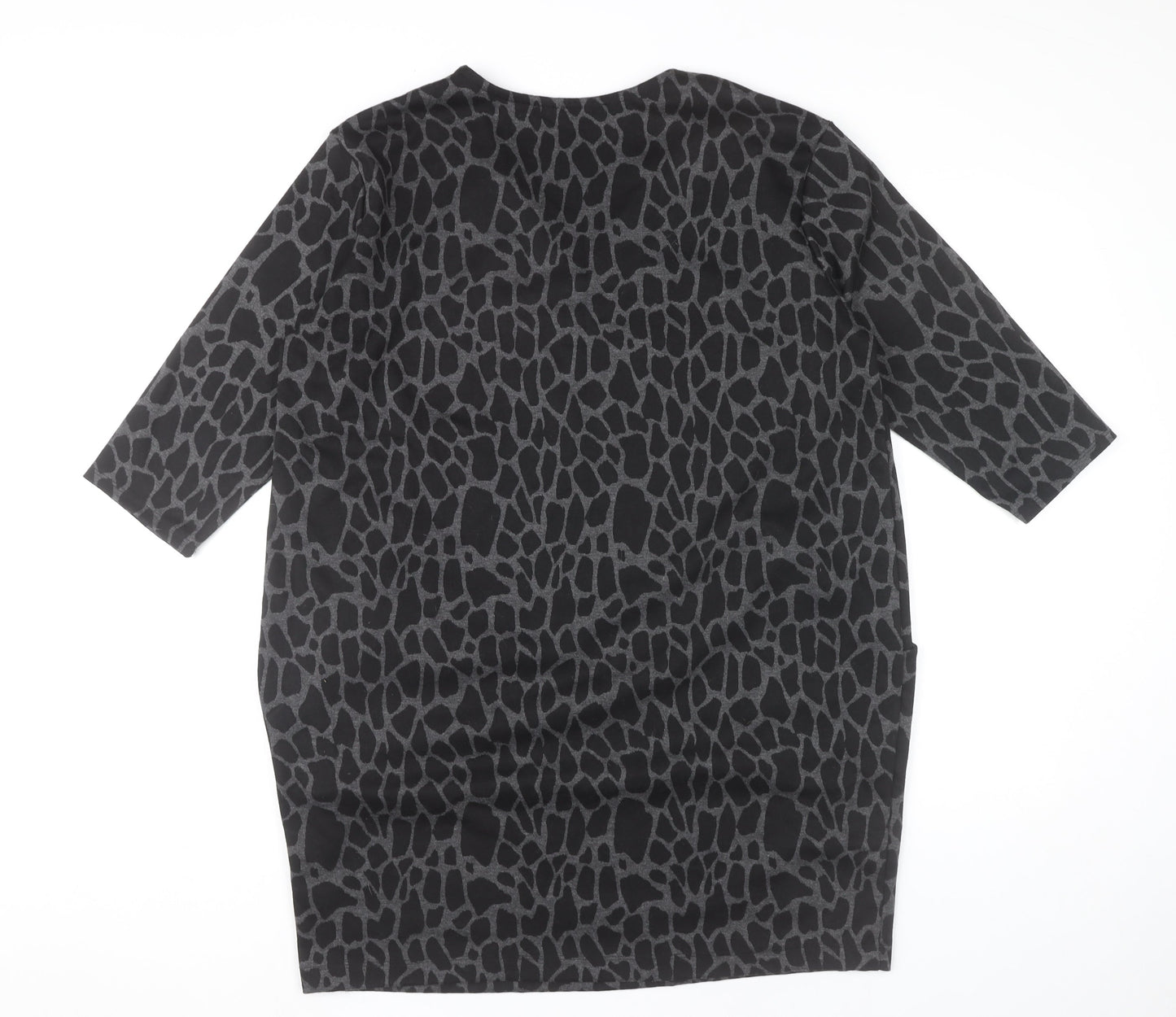 Roman Women’s Black Animal Print Shift Dress Size 16 V-Neck