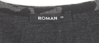 Roman Women’s Black Animal Print Shift Dress Size 16 V-Neck