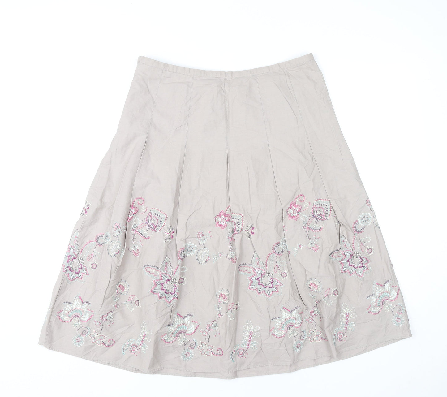 Marks & Spencer Womens Beige Embroidered A-Line Floral Cotton Skirt Size 12