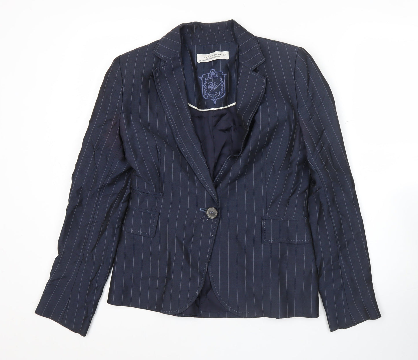 Zara Women Blue Pinstripe Blazer Jacket Size 8 Single Breasted