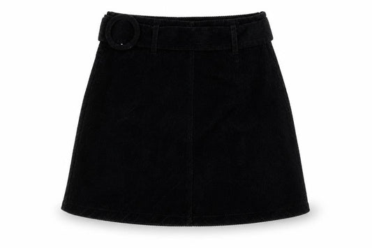 Front view of Denim Co. women’s black corduroy a-line skirt, size UK 12, short