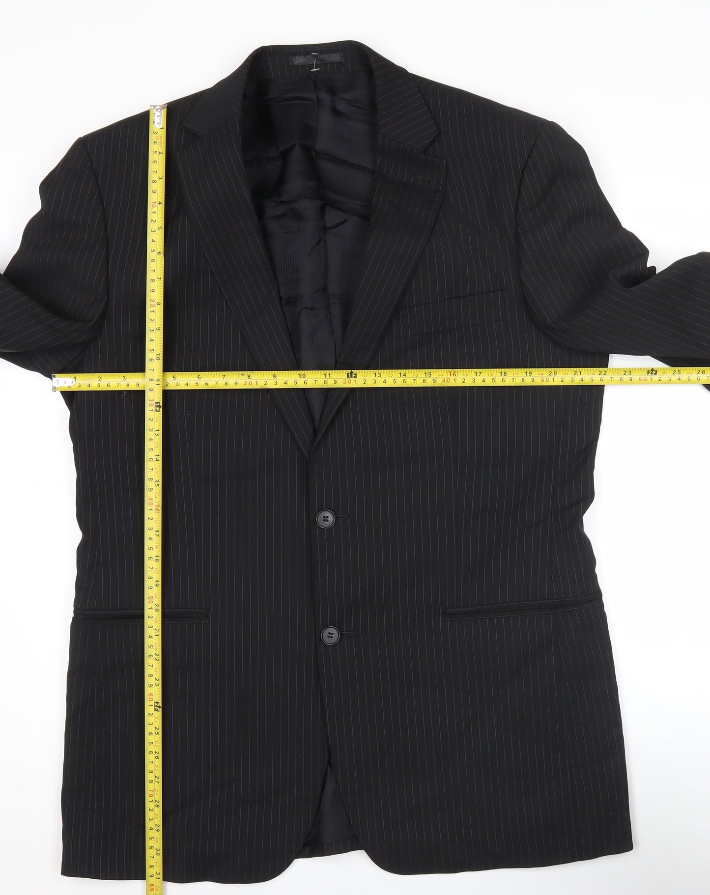 Jeff Banks Men's Black Pinstripe 42L Suit Jacket Notch Lapel