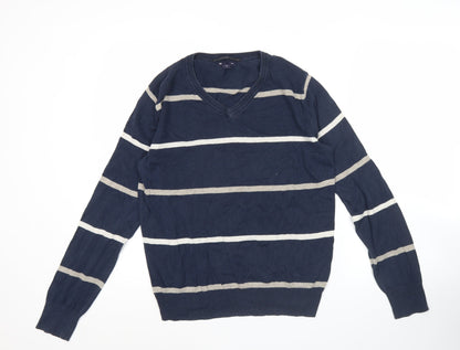 Gap Men’s Blue Striped Cotton V-Neck Jumper XS Regular Fit