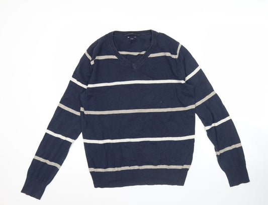 Gap Men’s Blue Striped Cotton V-Neck Jumper XS Regular Fit
