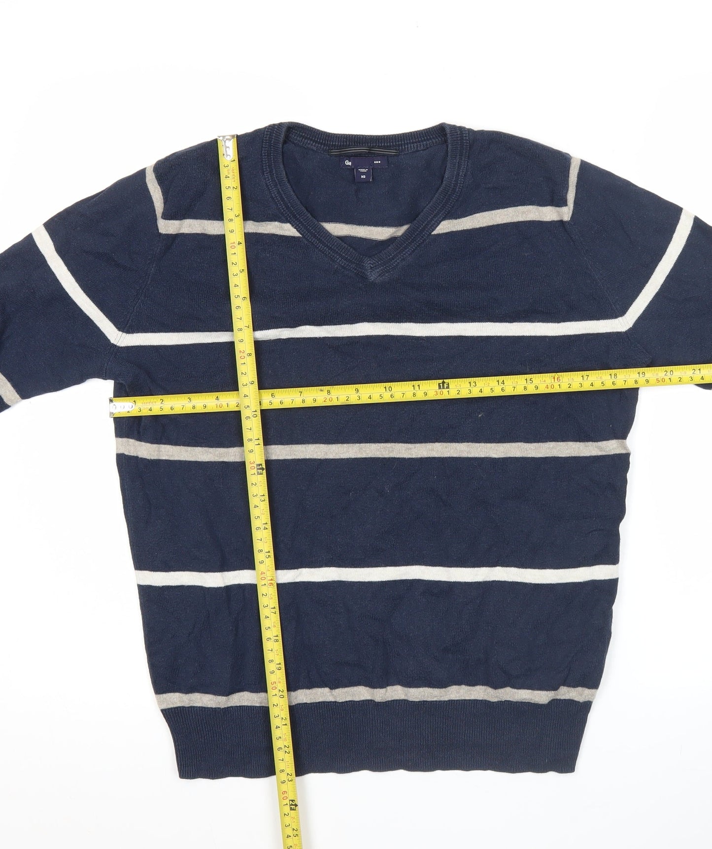 Gap Men’s Blue Striped Cotton V-Neck Jumper XS Regular Fit