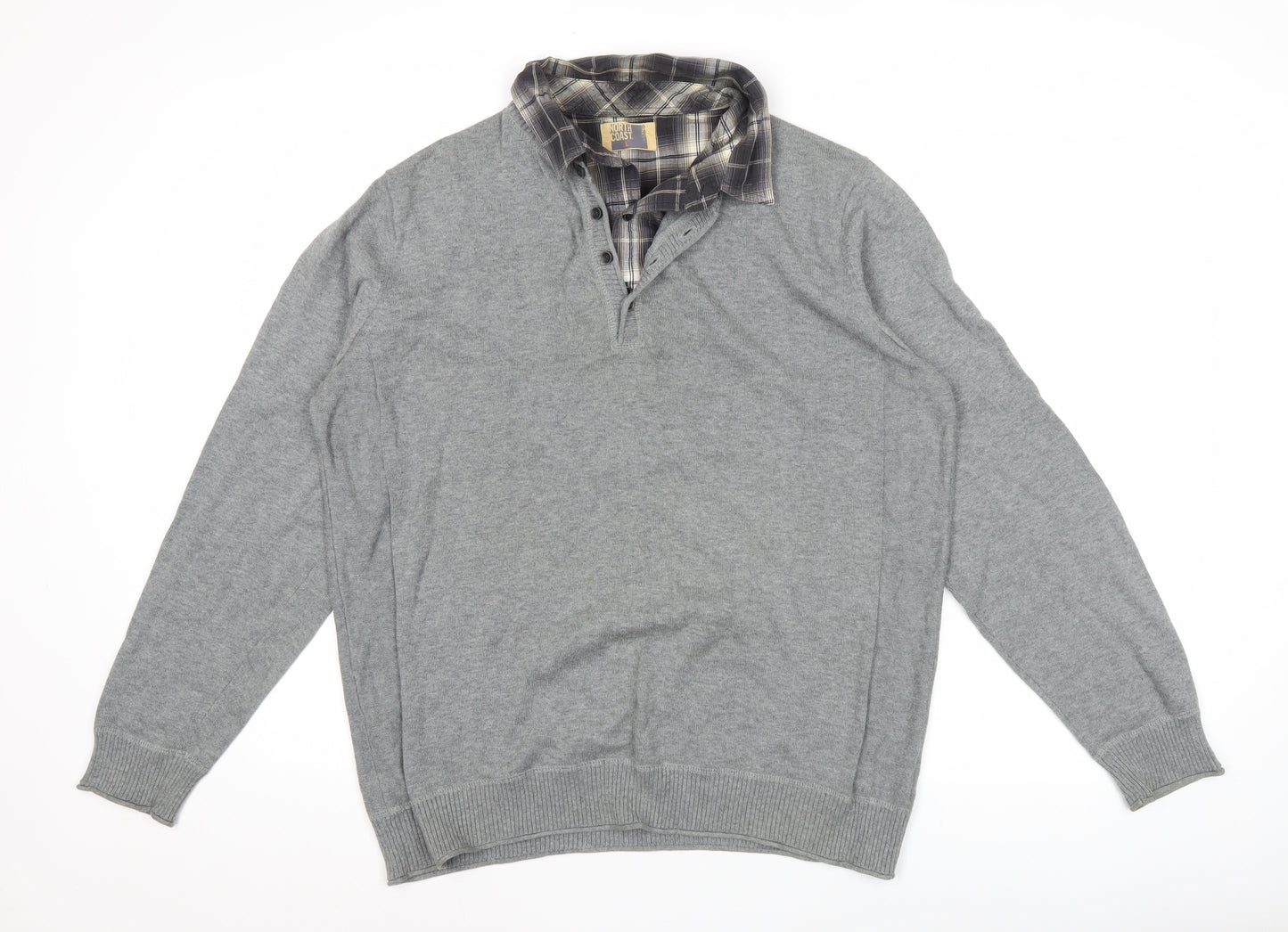 North Coast Men’s Grey Henley Jumper Knit Collared L Long Sleeve