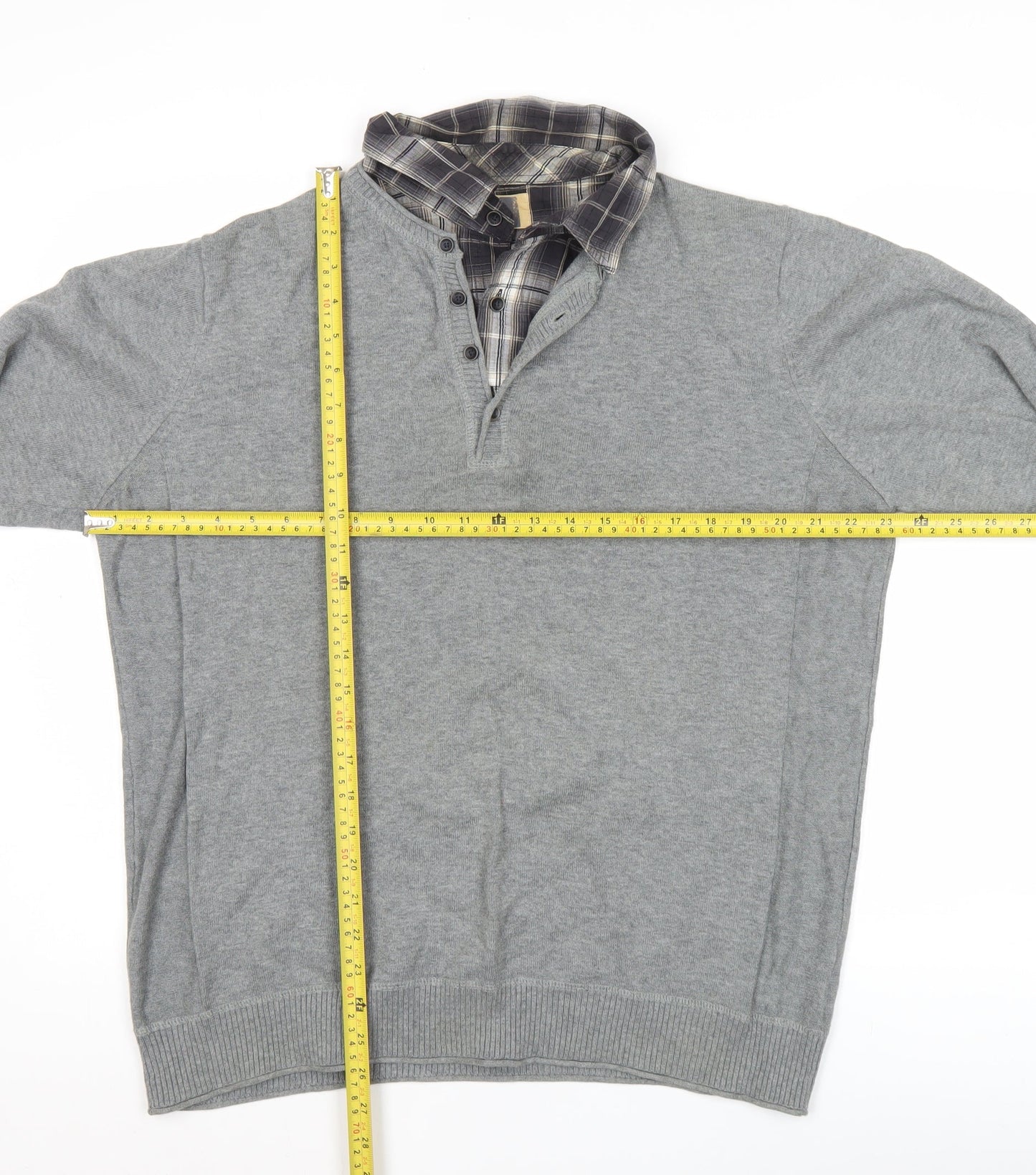 North Coast Men’s Grey Henley Jumper Knit Collared L Long Sleeve