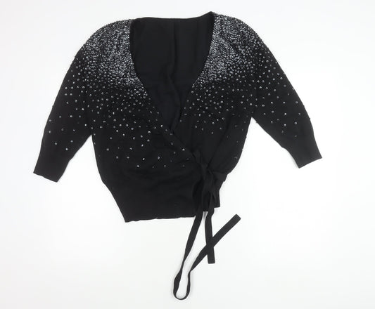Coast Womens Black Sequin Wrap Jumper Size M V-Neck Long Sleeve Party