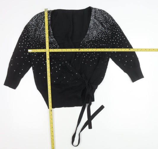 Coast Womens Black Sequin Wrap Jumper Size M V-Neck Long Sleeve Party