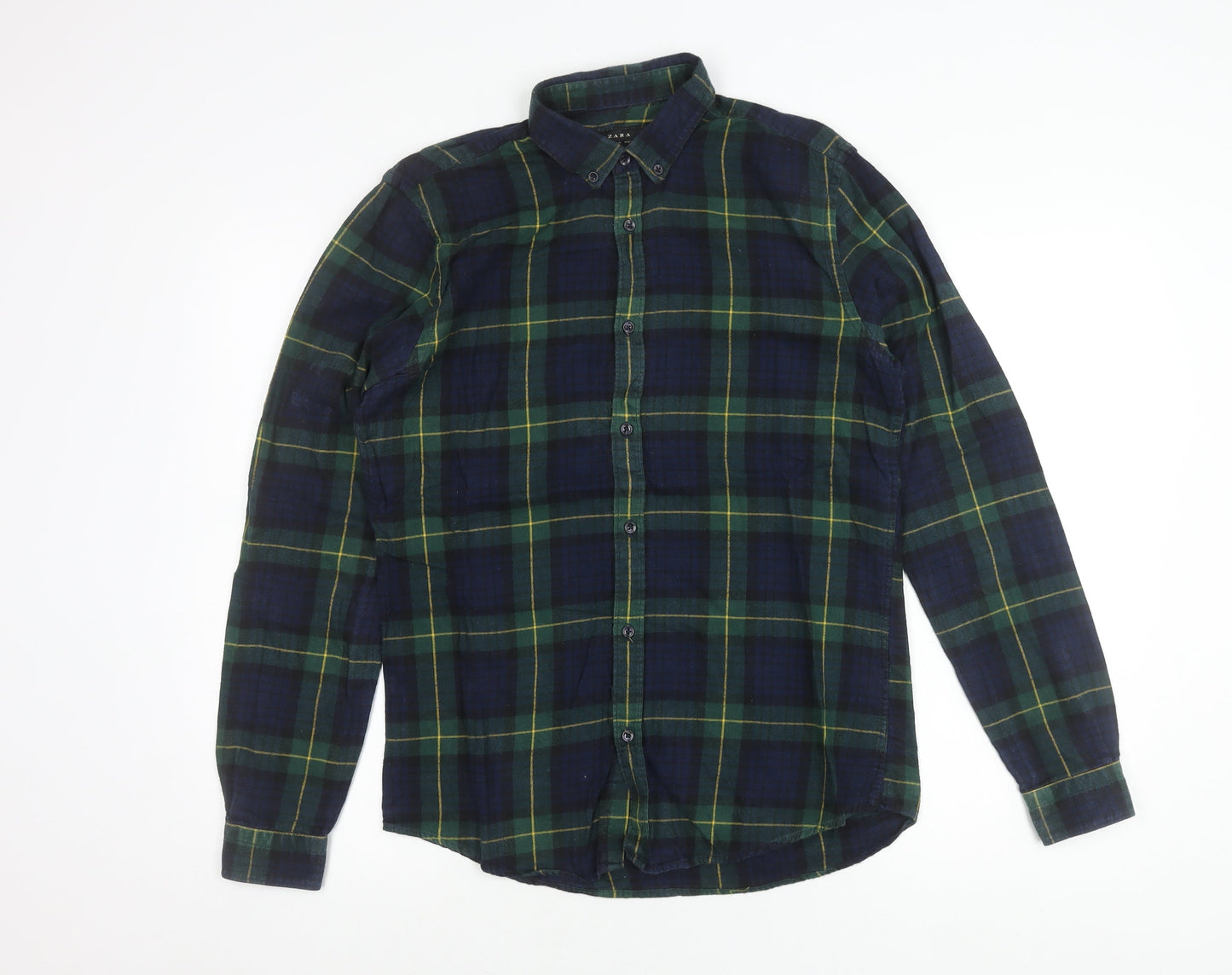 Zara Men’s Blue Green Plaid Button-Up Shirt Size S Relaxed Fit