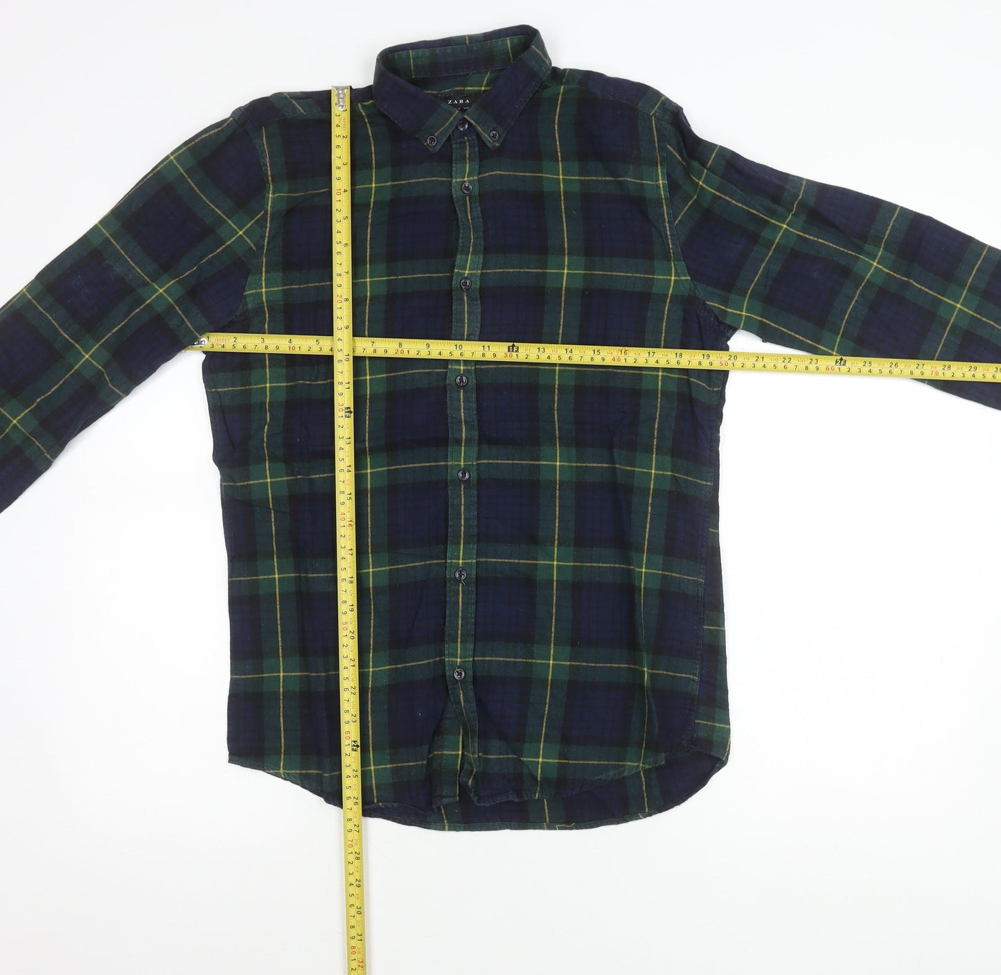 Zara Men’s Blue Green Plaid Button-Up Shirt Size S Relaxed Fit