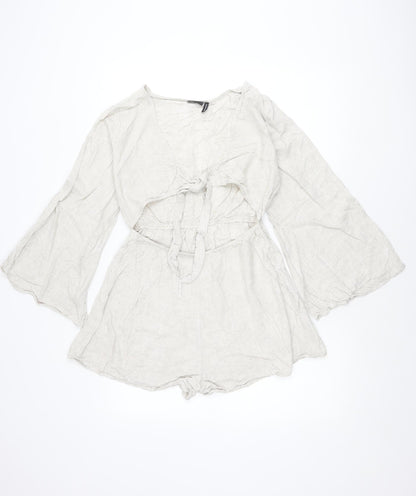 ASOS DESIGN Women’s Beige Linen Blend Playsuit Size 10 V-Neck Long Sleeve