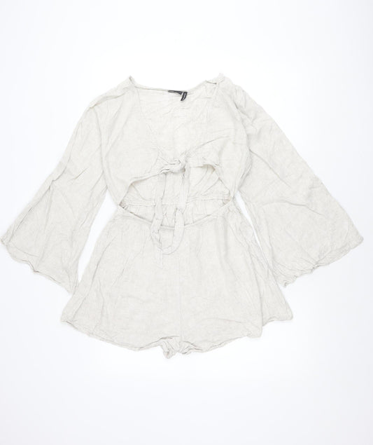 ASOS DESIGN Women’s Beige Linen Blend Playsuit Size 10 V-Neck Long Sleeve