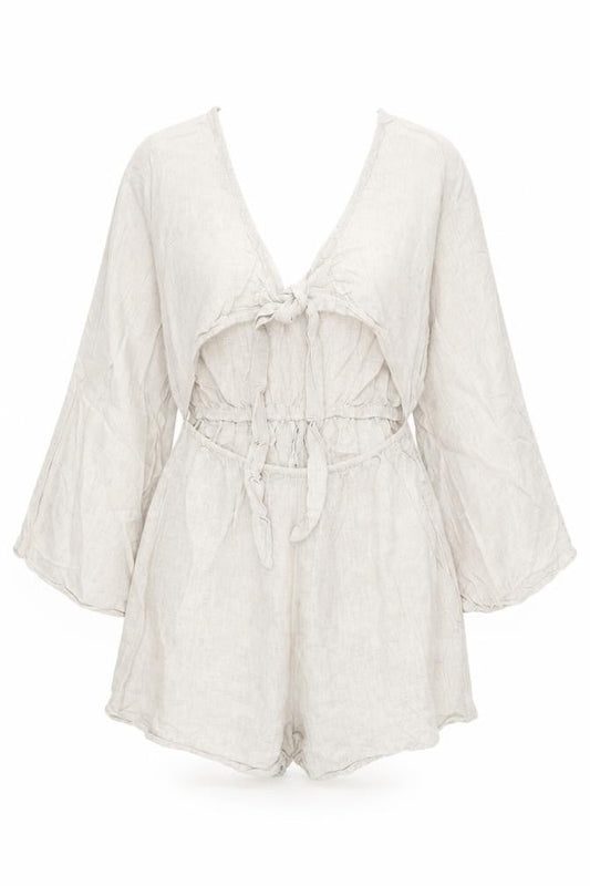Front view of ASOS DESIGN Women’s Beige Linen Blend Playsuit, size UK 10, V-Neck Long Sleeve