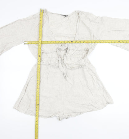 ASOS DESIGN Women’s Beige Linen Blend Playsuit Size 10 V-Neck Long Sleeve