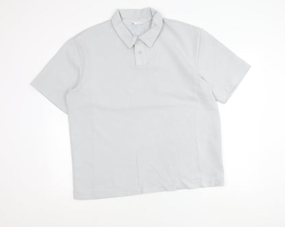Zara Men’s Grey Polo Shirt Size L Regular Fit Short Sleeve