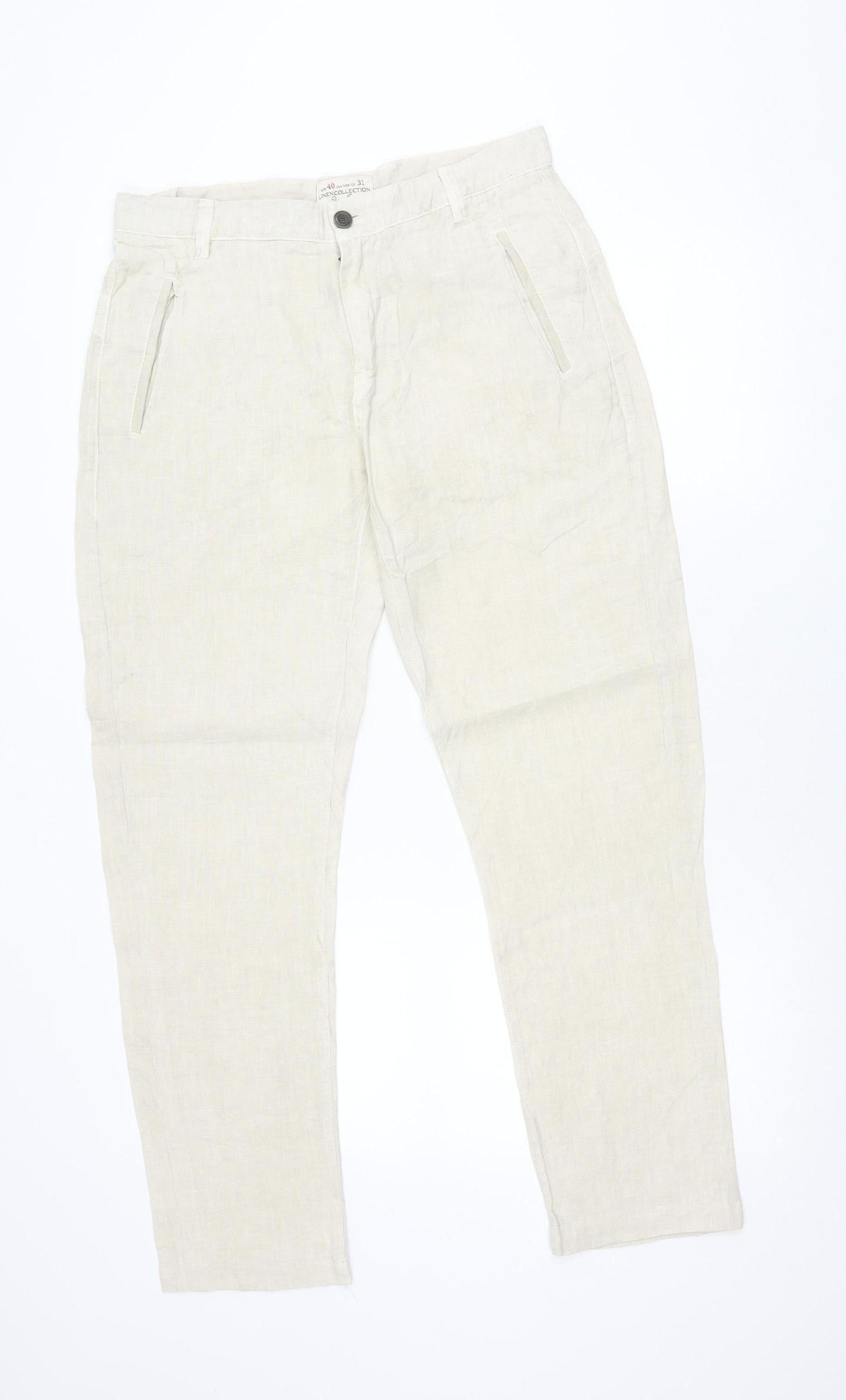 Zara Men Beige Linen Chino Trousers Size 31 Regular Fit