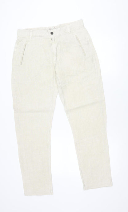 Zara Men Beige Linen Chino Trousers Size 31 Regular Fit