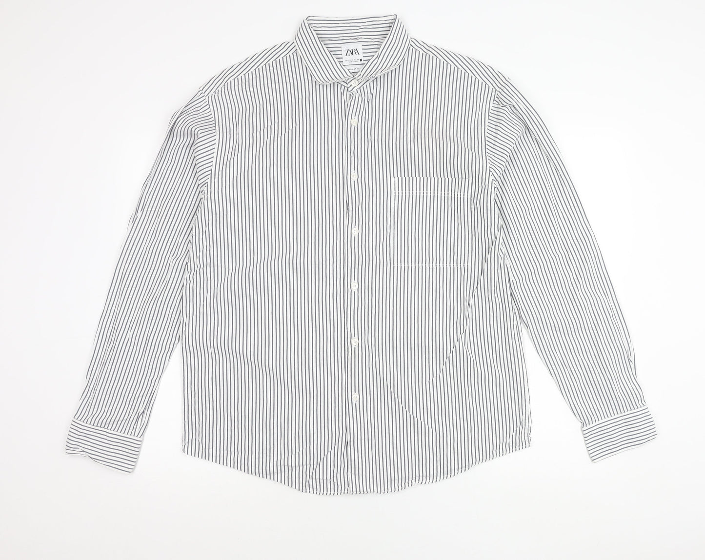 Zara Men’s White Striped Cotton Long Sleeve Regular Fit Shirt XL