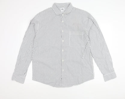 Zara Men’s White Striped Cotton Long Sleeve Regular Fit Shirt XL