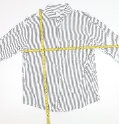 Zara Men’s White Striped Cotton Long Sleeve Regular Fit Shirt XL