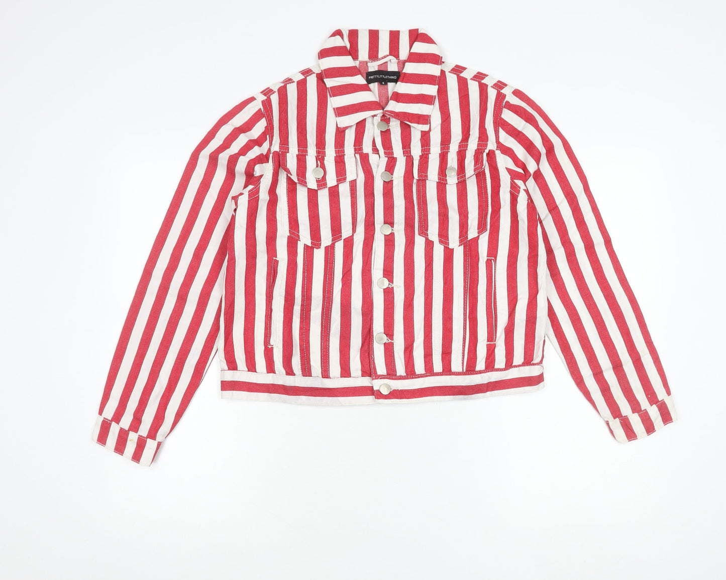 PrettyLittleThing Women Red Striped Cropped Button-Up Jacket Size 8