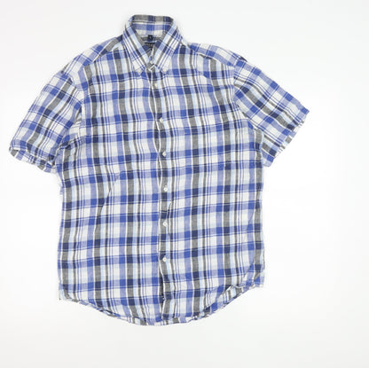 McNeal Men’s Blue Checked Linen Short Sleeve Button-Up Shirt S