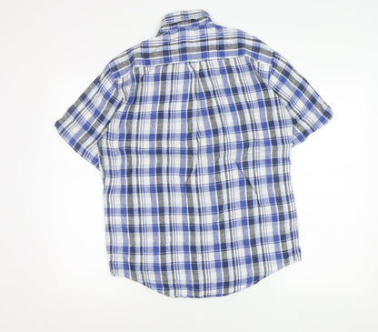 McNeal Men’s Blue Checked Linen Short Sleeve Button-Up Shirt S