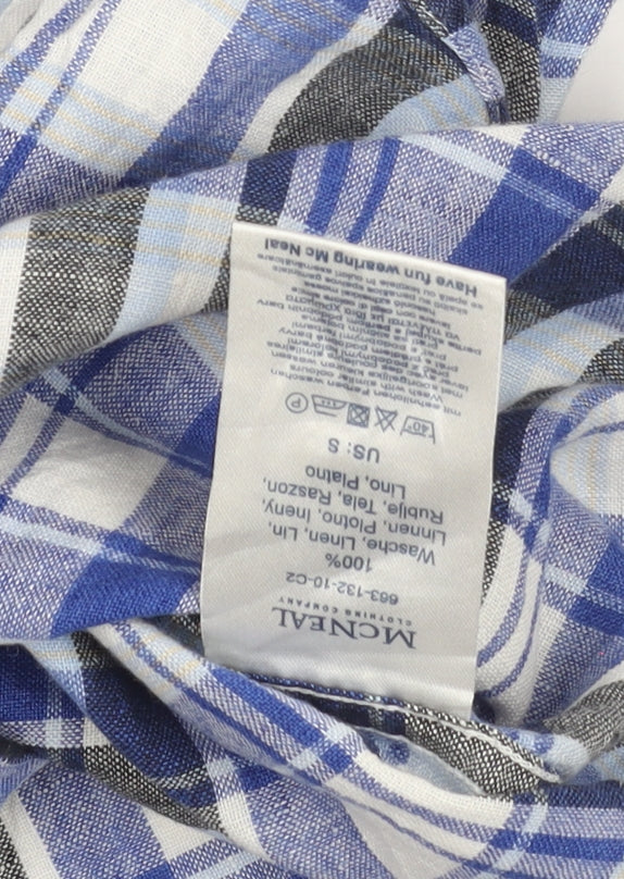 McNeal Men’s Blue Checked Linen Short Sleeve Button-Up Shirt S
