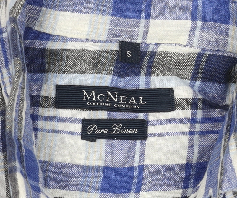 McNeal Men’s Blue Checked Linen Short Sleeve Button-Up Shirt S