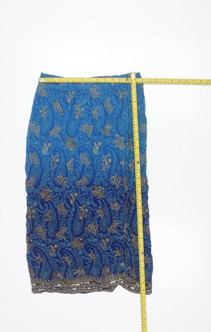 Monsoon Womens Blue Paisley Beaded Midi Skirt Size 14 Viscose