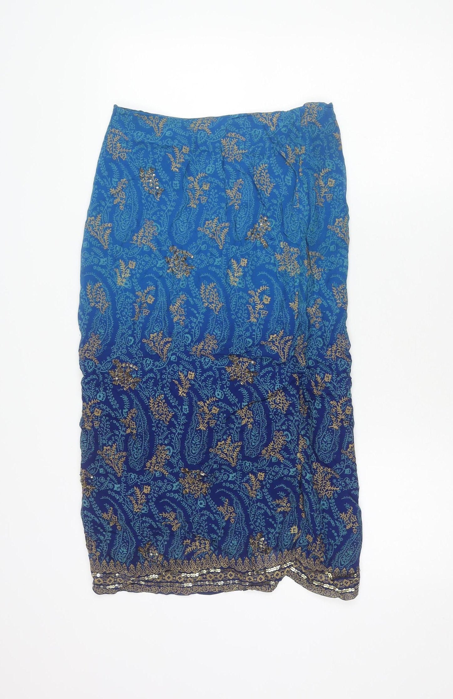 Monsoon Womens Blue Paisley Beaded Midi Skirt Size 14 Viscose