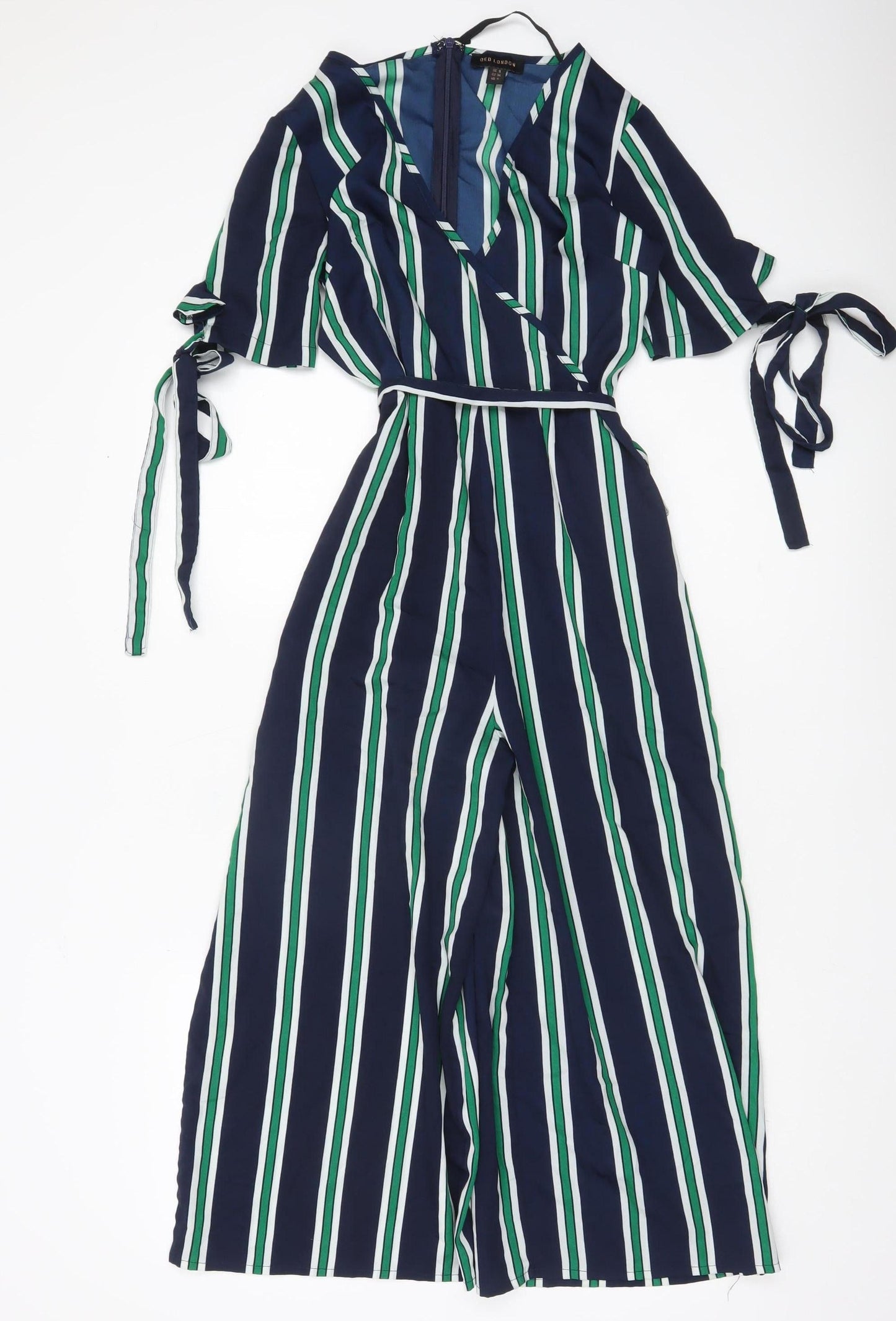 QED London Women’s Multicoloured Stripe Jumpsuit UK 8 Wide-Leg V-Neck