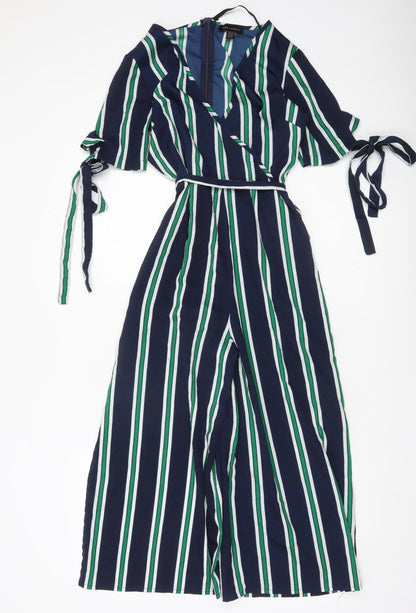 QED London Women’s Multicoloured Stripe Jumpsuit UK 8 Wide-Leg V-Neck