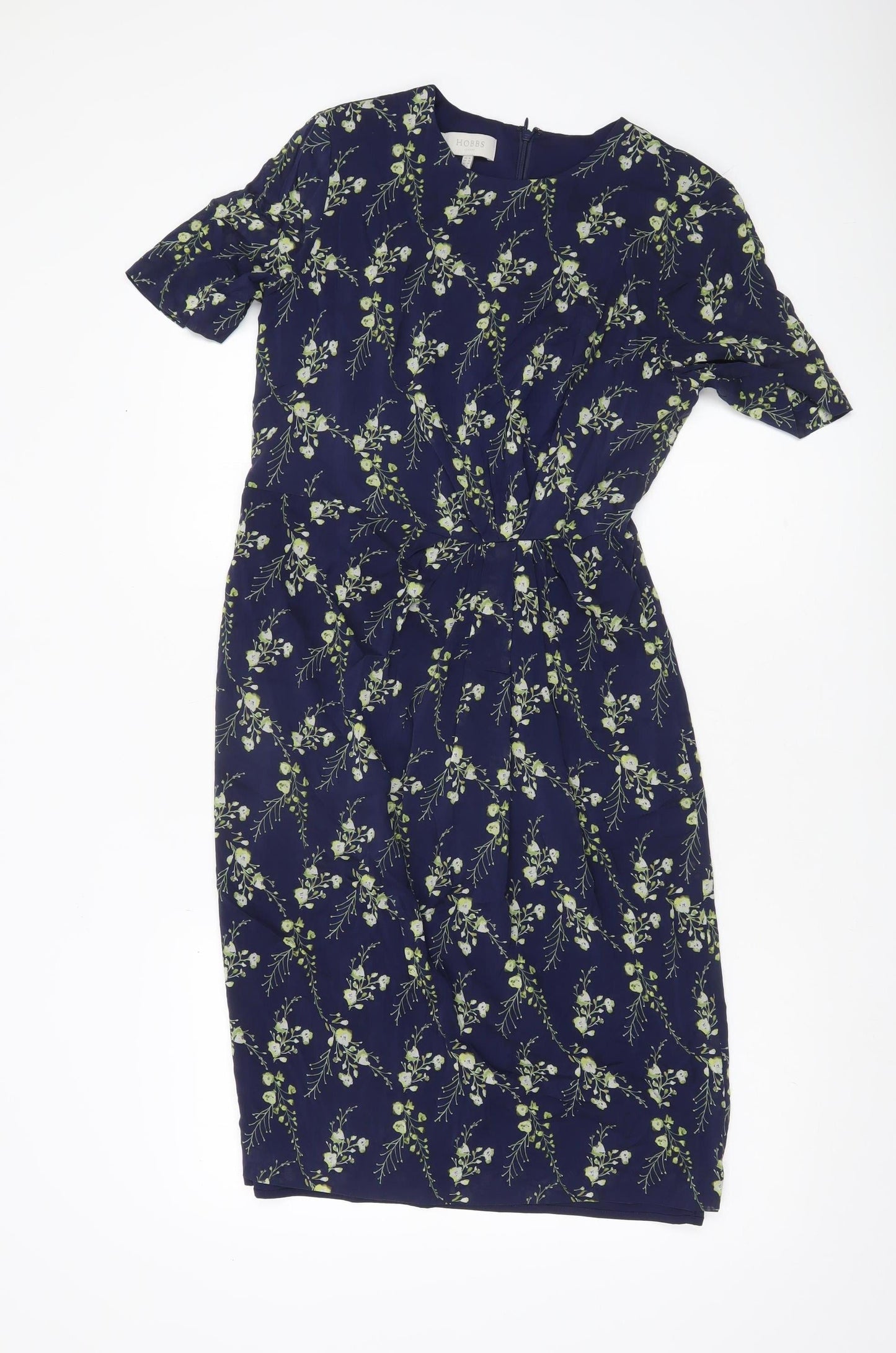 Hobbs Women’s Blue Floral Sheath Dress UK 10 Short Sleeve Silk Blend