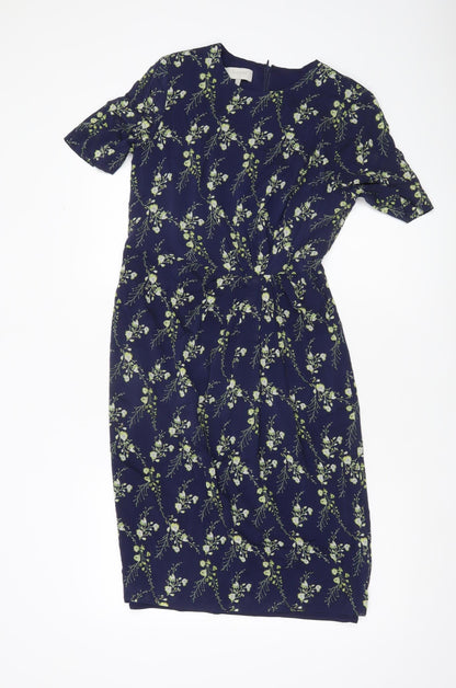 Hobbs Women’s Blue Floral Sheath Dress UK 10 Short Sleeve Silk Blend