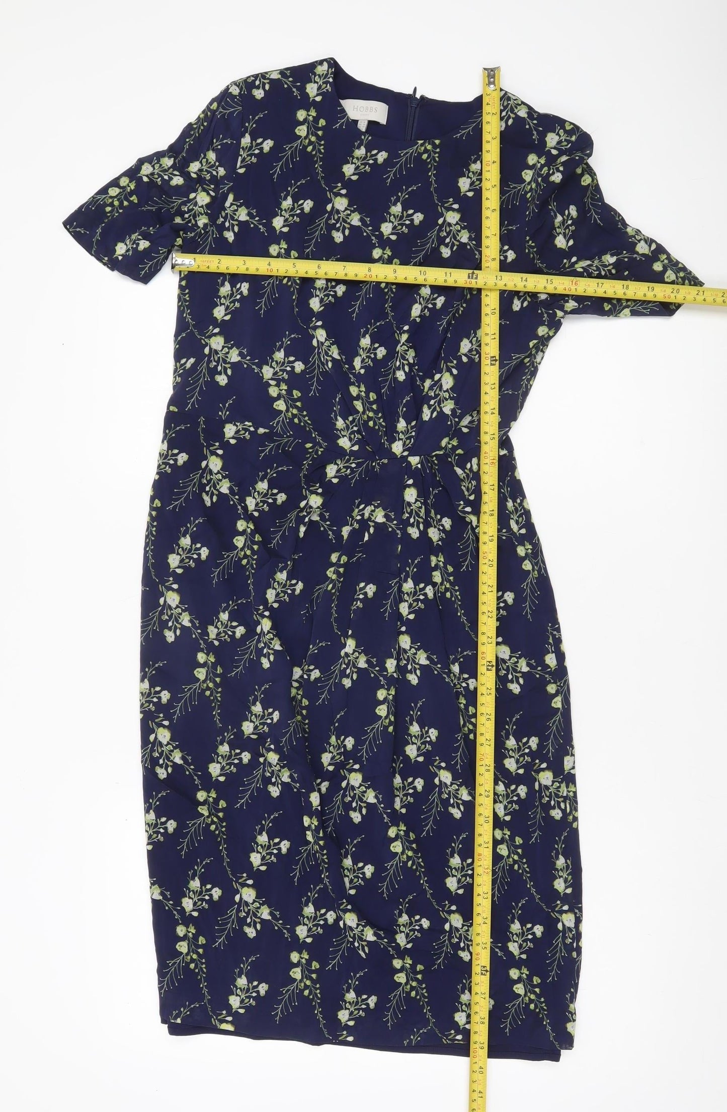 Hobbs Women’s Blue Floral Sheath Dress UK 10 Short Sleeve Silk Blend