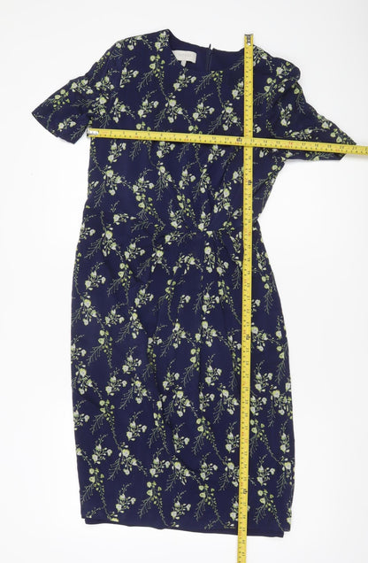 Hobbs Women’s Blue Floral Sheath Dress UK 10 Short Sleeve Silk Blend