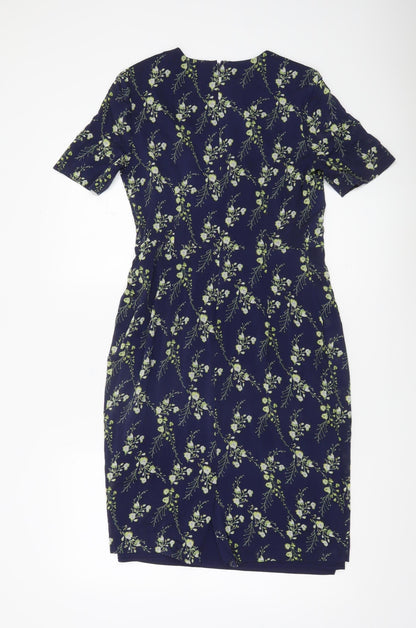 Hobbs Women’s Blue Floral Sheath Dress UK 10 Short Sleeve Silk Blend