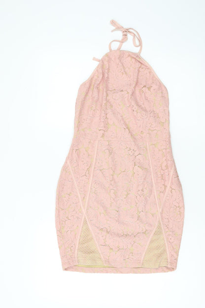 PrettyLittleThing Women Pink Lace Halter Bodycon Dress Size 10