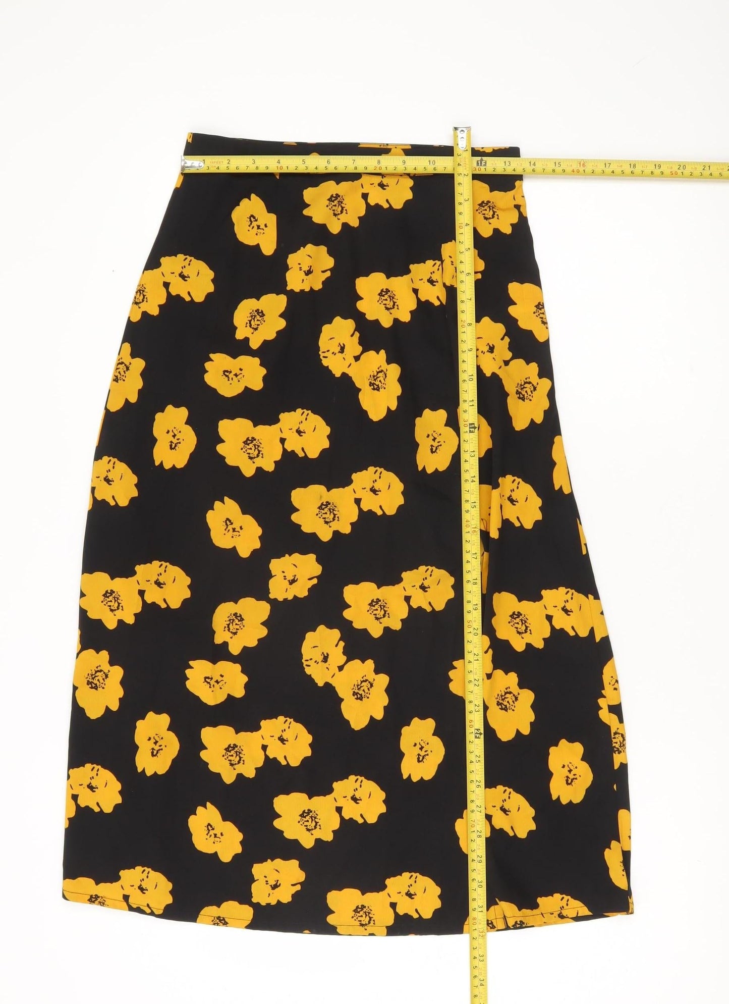Wednesday's Girl Women's Black Yellow Floral Midi A-Line Skirt Size S