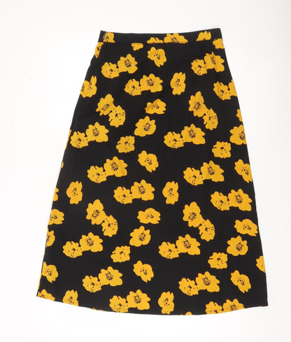 Wednesday's Girl Women's Black Yellow Floral Midi A-Line Skirt Size S