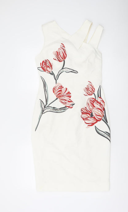 Karen Millen Women’s White Floral Sheath Dress UK 12 Sleeveless